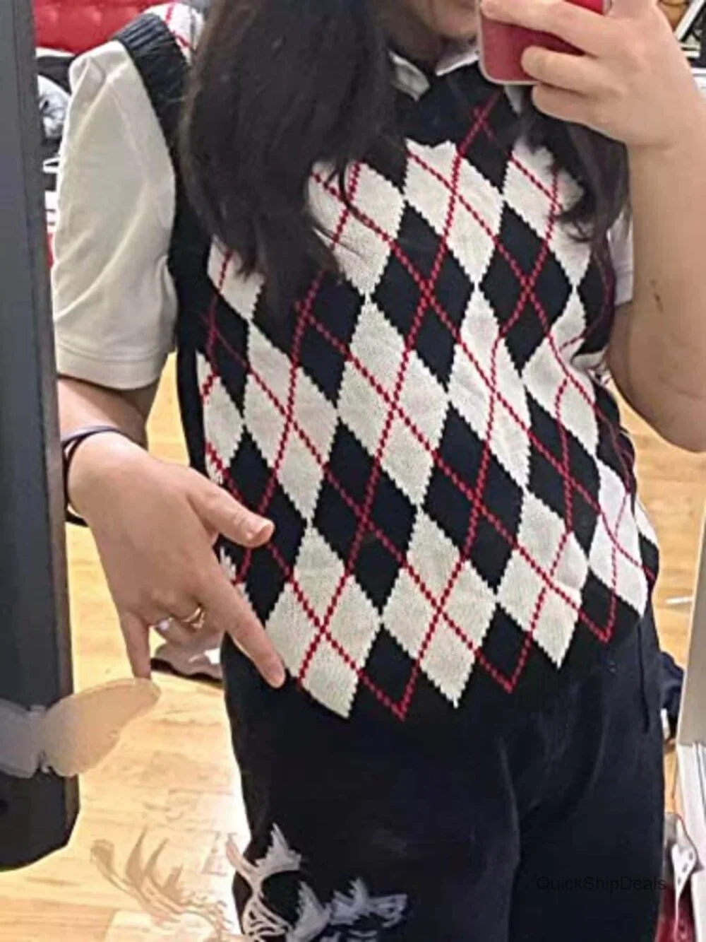 Sleeveless V Neck Argyle Plaid Knitted Sweater Vest Loose Preppy Casual